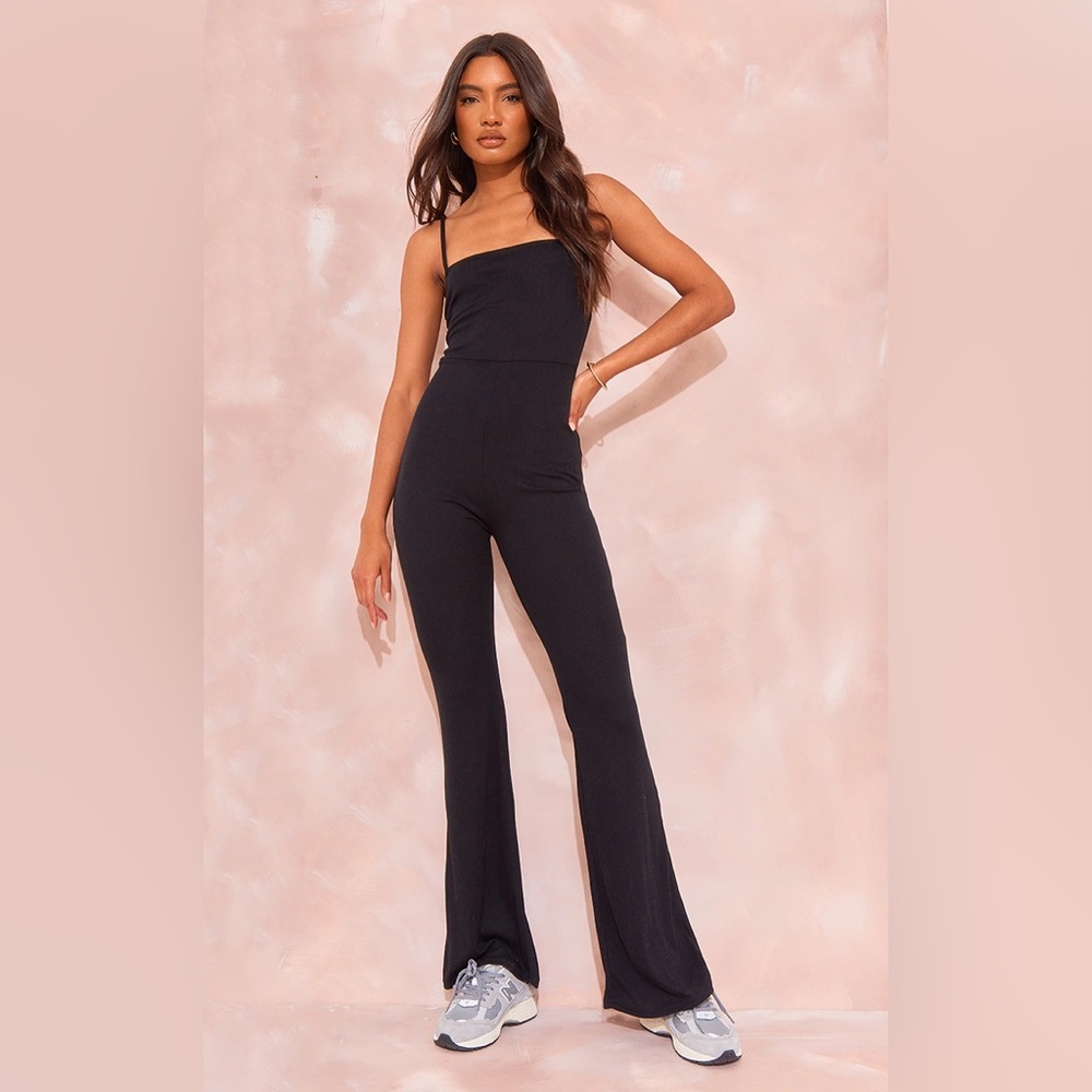 BLACK RIBBED STRAPPY SQUARE NECK FLARED JUMPSUIT
